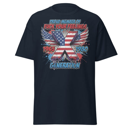 Gen X Fuck Your Feelings T-Shirt - 1965 - 1980 Winged Flag Design - Navy - TeeRipple