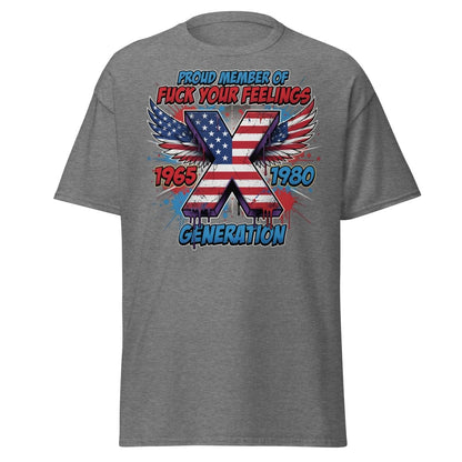 Gen X Fuck Your Feelings T-Shirt - 1965 - 1980 Winged Flag Design - Graphite Heather - TeeRipple