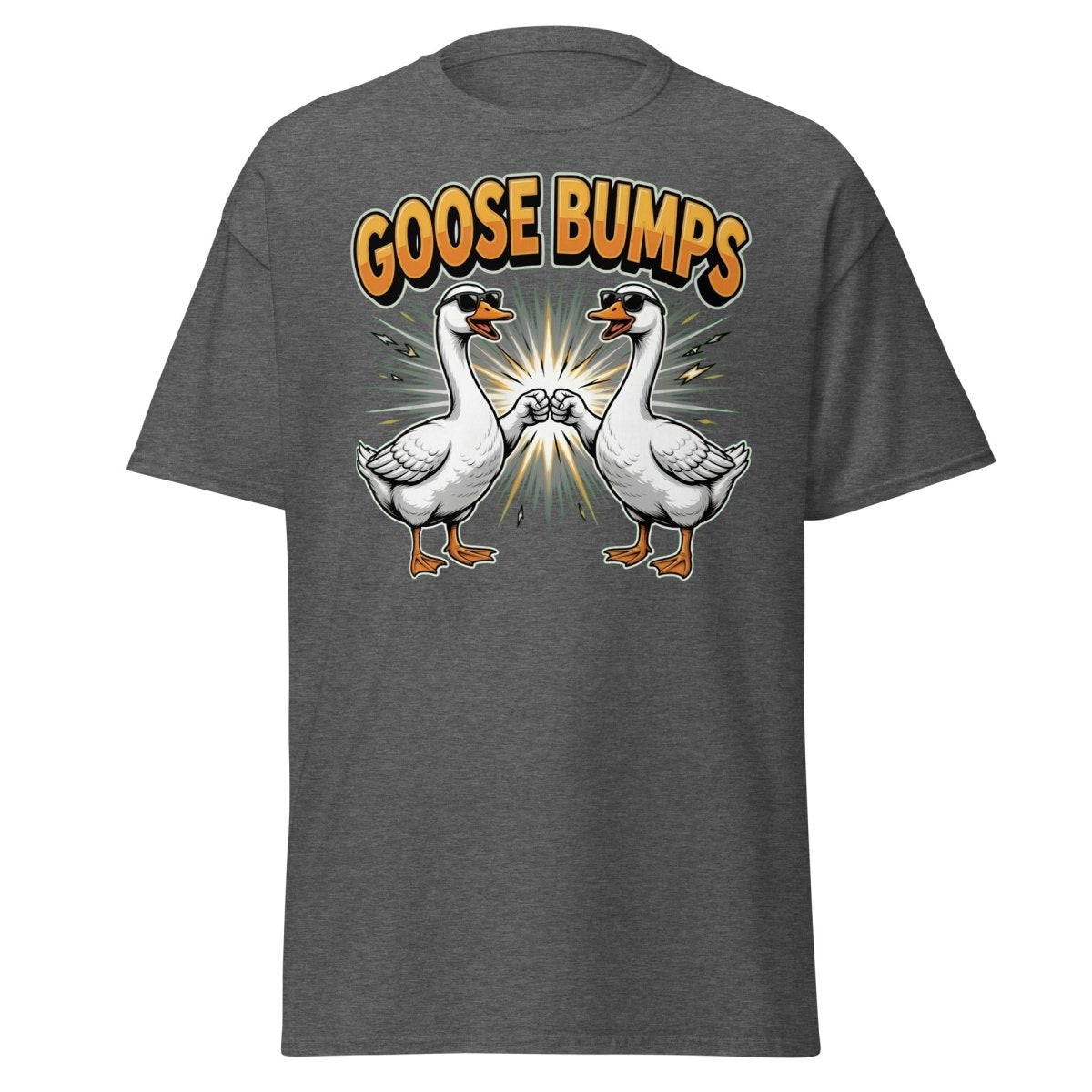 Goose Bumps Funny Goose T-Shirt | Cool Pun Fist Bump Tee - Dark Heather - TeeRipple