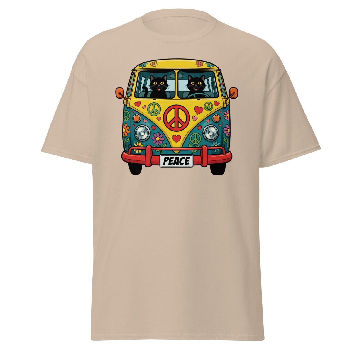 Groovy Hippie Cat Van T-Shirt – Peace Cats Tee - Sand - TeeRipple