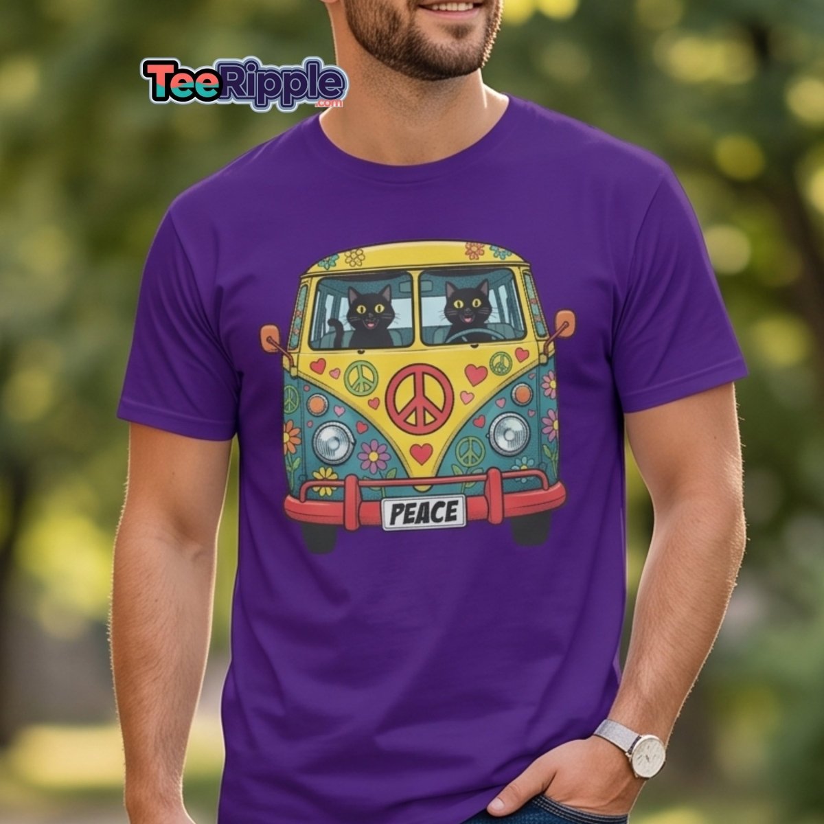 Groovy Hippie Cat Van T-Shirt – Peace Cats Tee - Maroon - TeeRipple