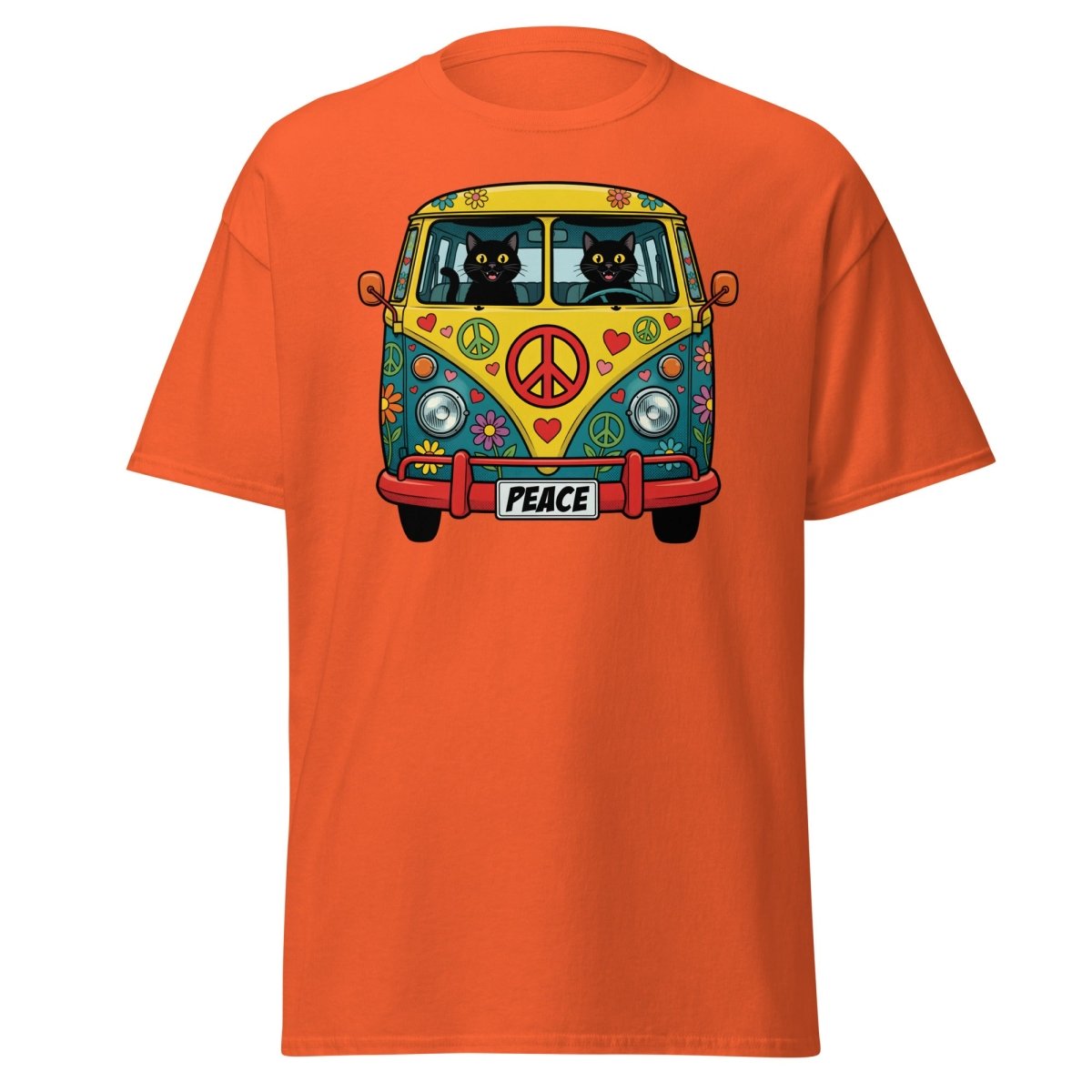 Groovy Hippie Cat Van T-Shirt – Peace Cats Tee - Orange - TeeRipple