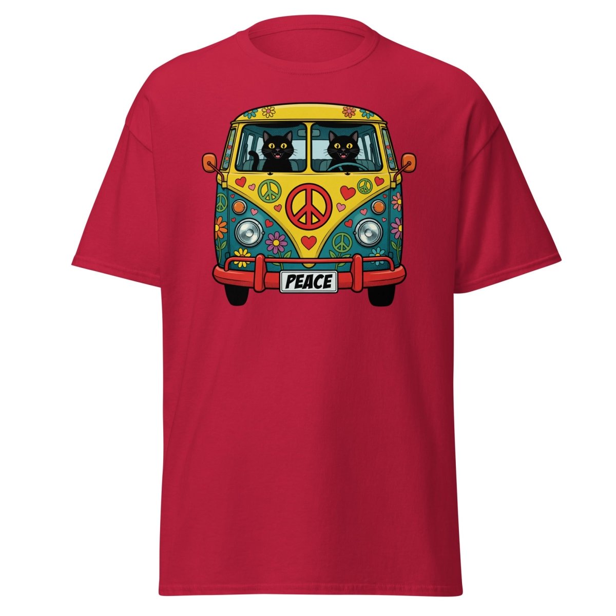 Groovy Hippie Cat Van T-Shirt – Peace Cats Tee - Cardinal - TeeRipple