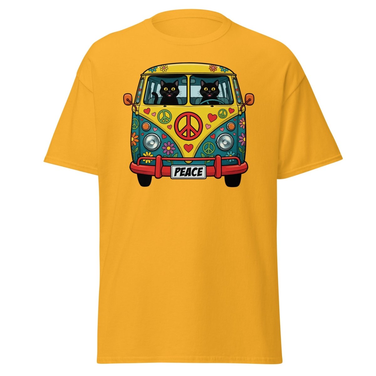 Groovy Hippie Cat Van T-Shirt – Peace Cats Tee - Gold - TeeRipple