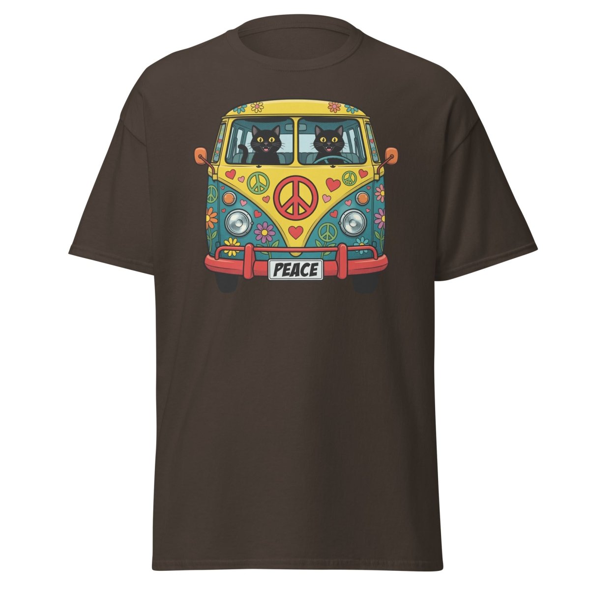 Groovy Hippie Cat Van T-Shirt – Peace Cats Tee - Dark Chocolate - TeeRipple