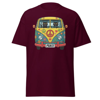 Groovy Hippie Cat Van T-Shirt – Peace Cats Tee - Maroon - TeeRipple