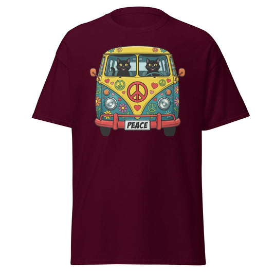 Groovy Hippie Cat Van T-Shirt – Peace Cats Tee - Maroon - TeeRipple