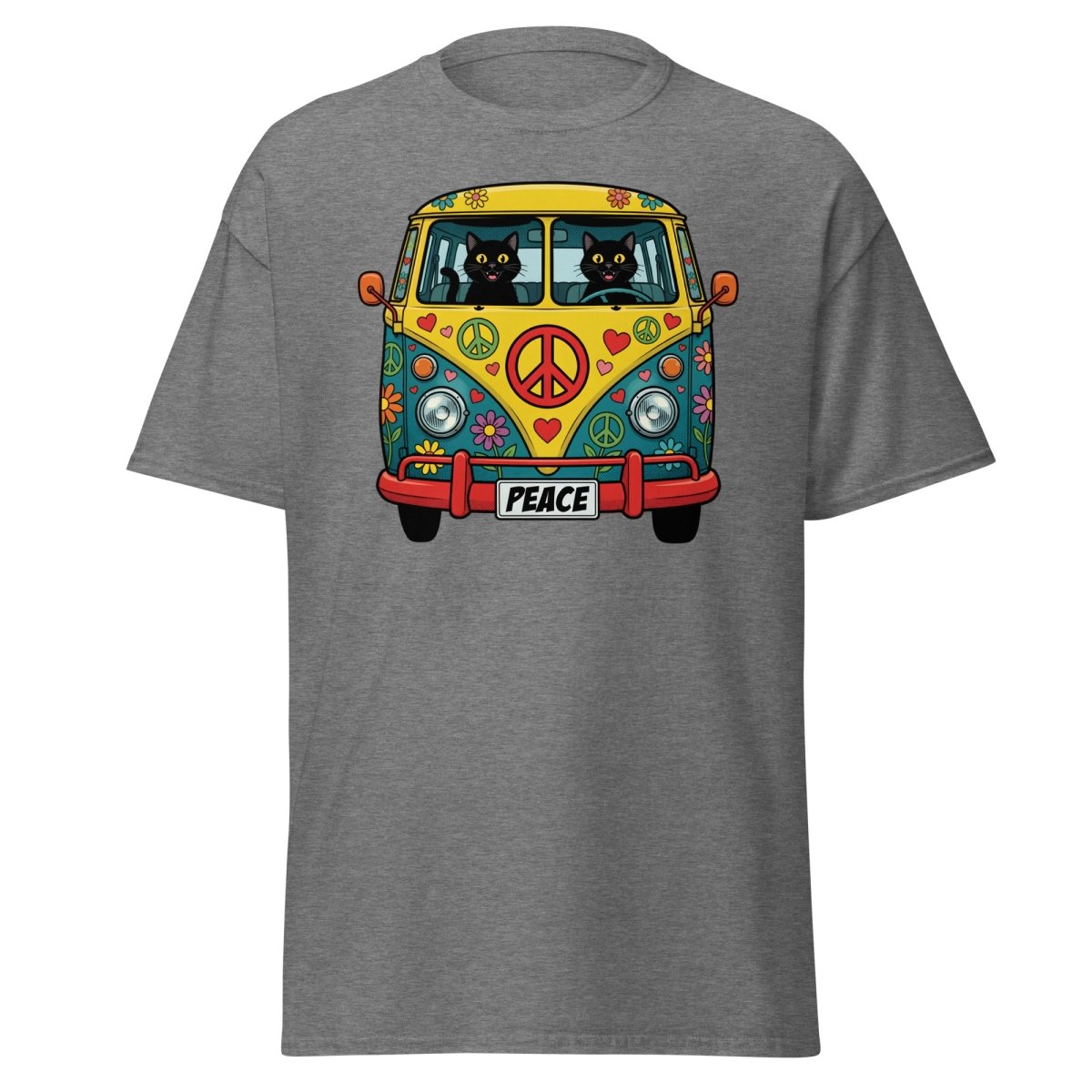 Groovy Hippie Cat Van T-Shirt – Peace Cats Tee - Graphite Heather - TeeRipple