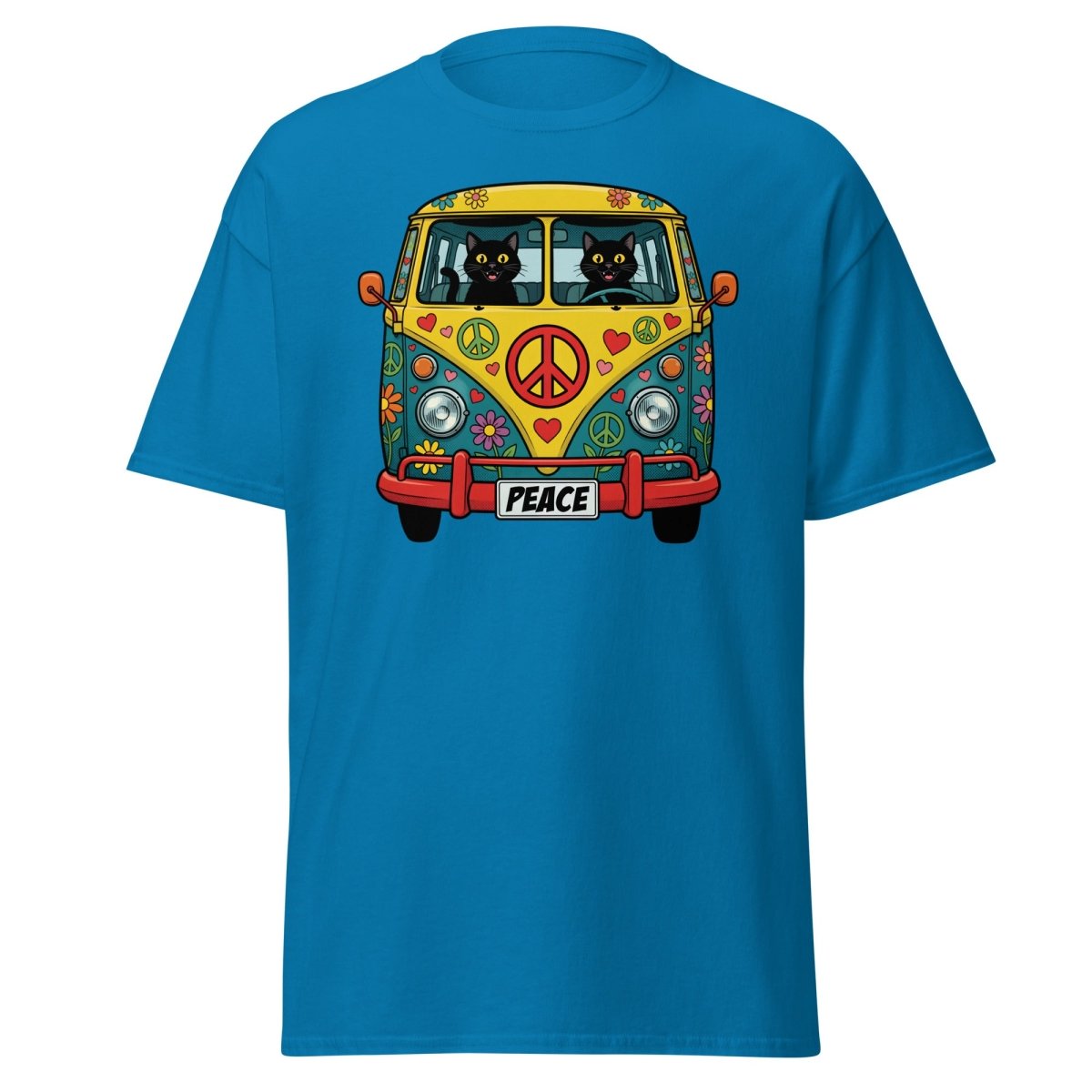 Groovy Hippie Cat Van T-Shirt – Peace Cats Tee - Sapphire - TeeRipple