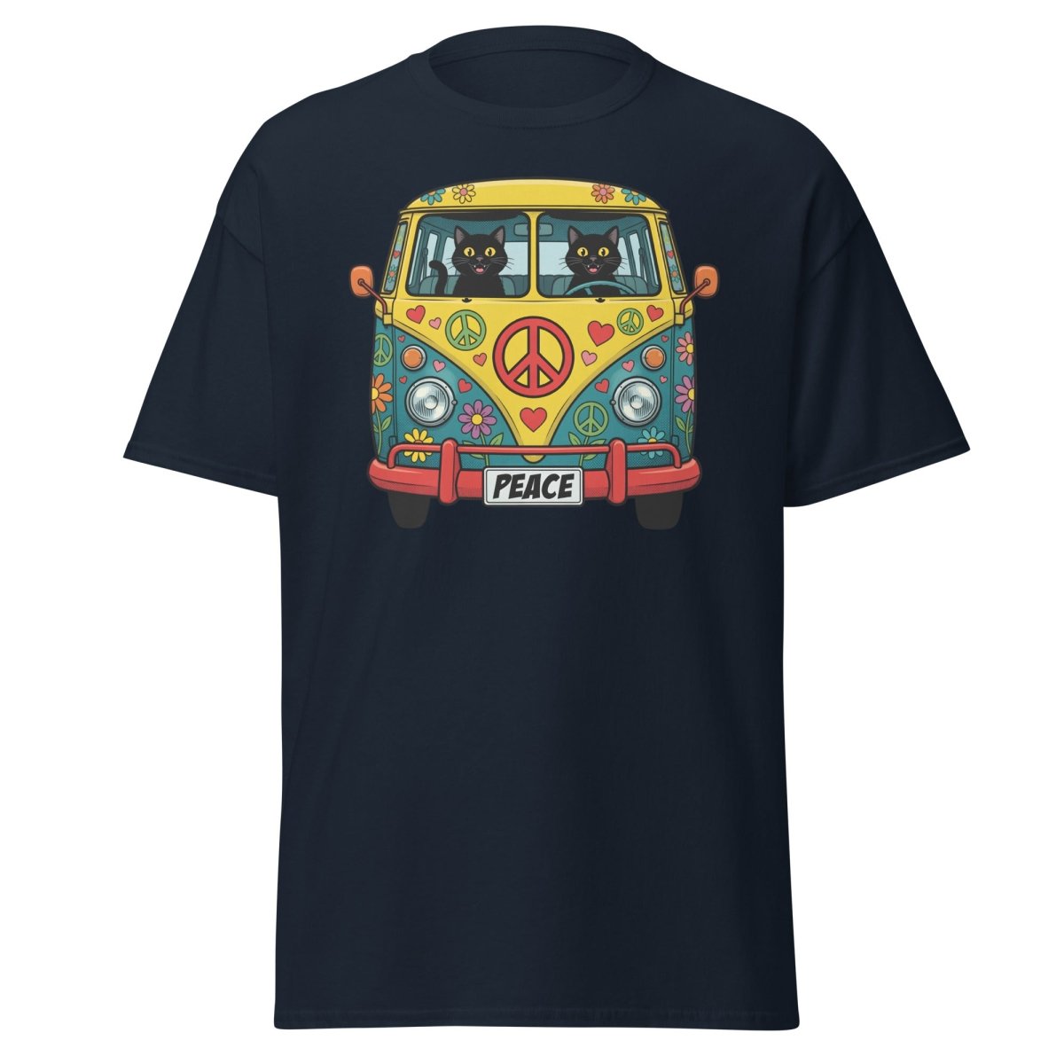 Groovy Hippie Cat Van T-Shirt – Peace Cats Tee - Navy - TeeRipple