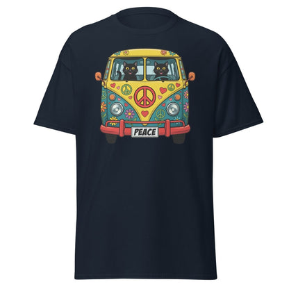 Groovy Hippie Cat Van T-Shirt – Peace Cats Tee - Navy - TeeRipple