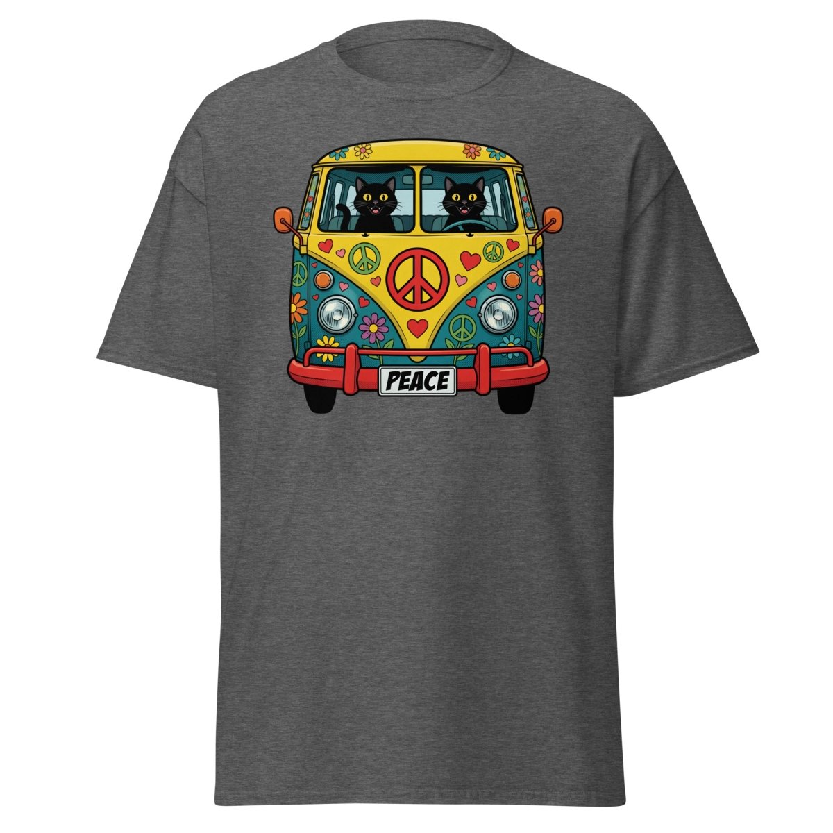 Groovy Hippie Cat Van T-Shirt – Peace Cats Tee - Dark Heather - TeeRipple