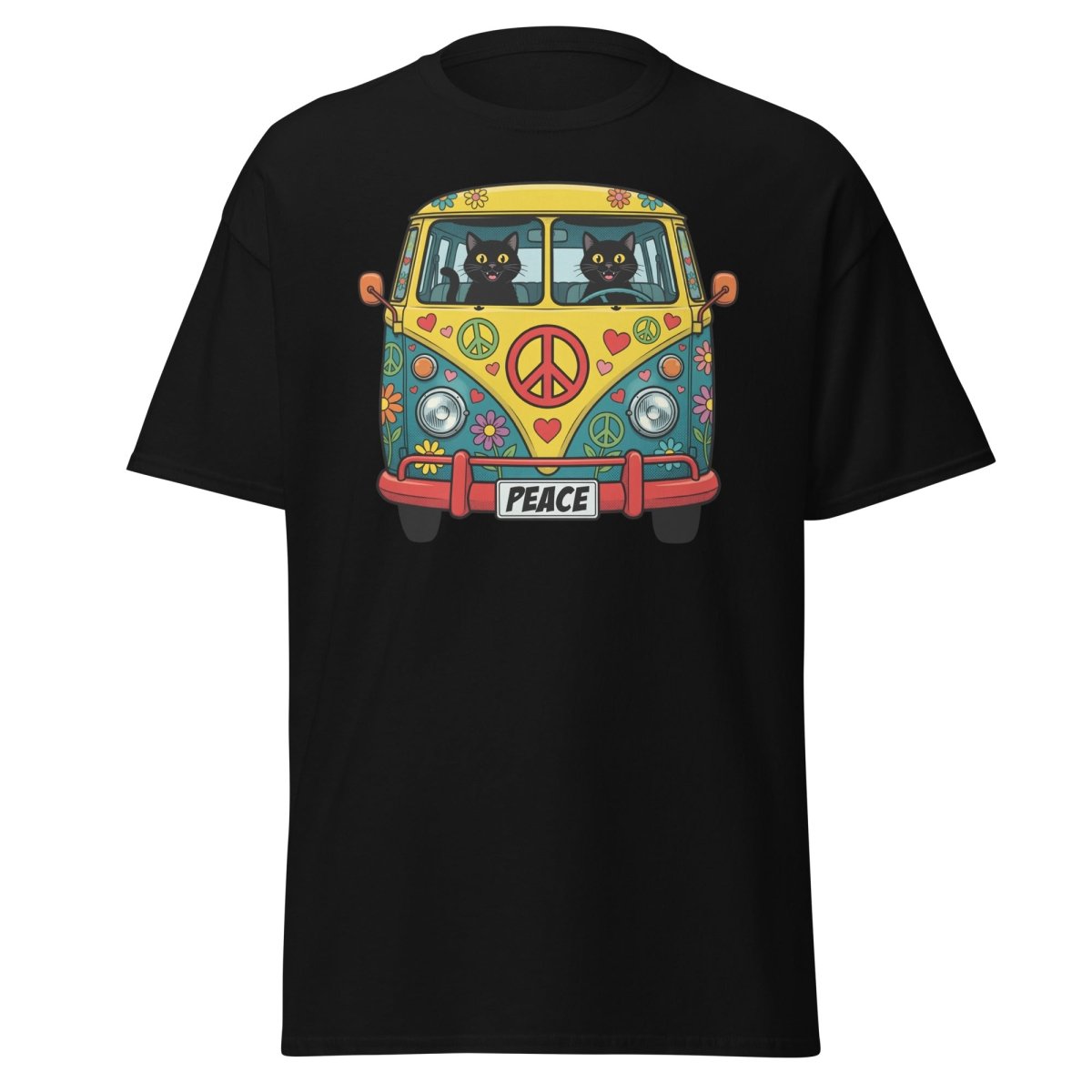Groovy Hippie Cat Van T-Shirt – Peace Cats Tee - Black - TeeRipple
