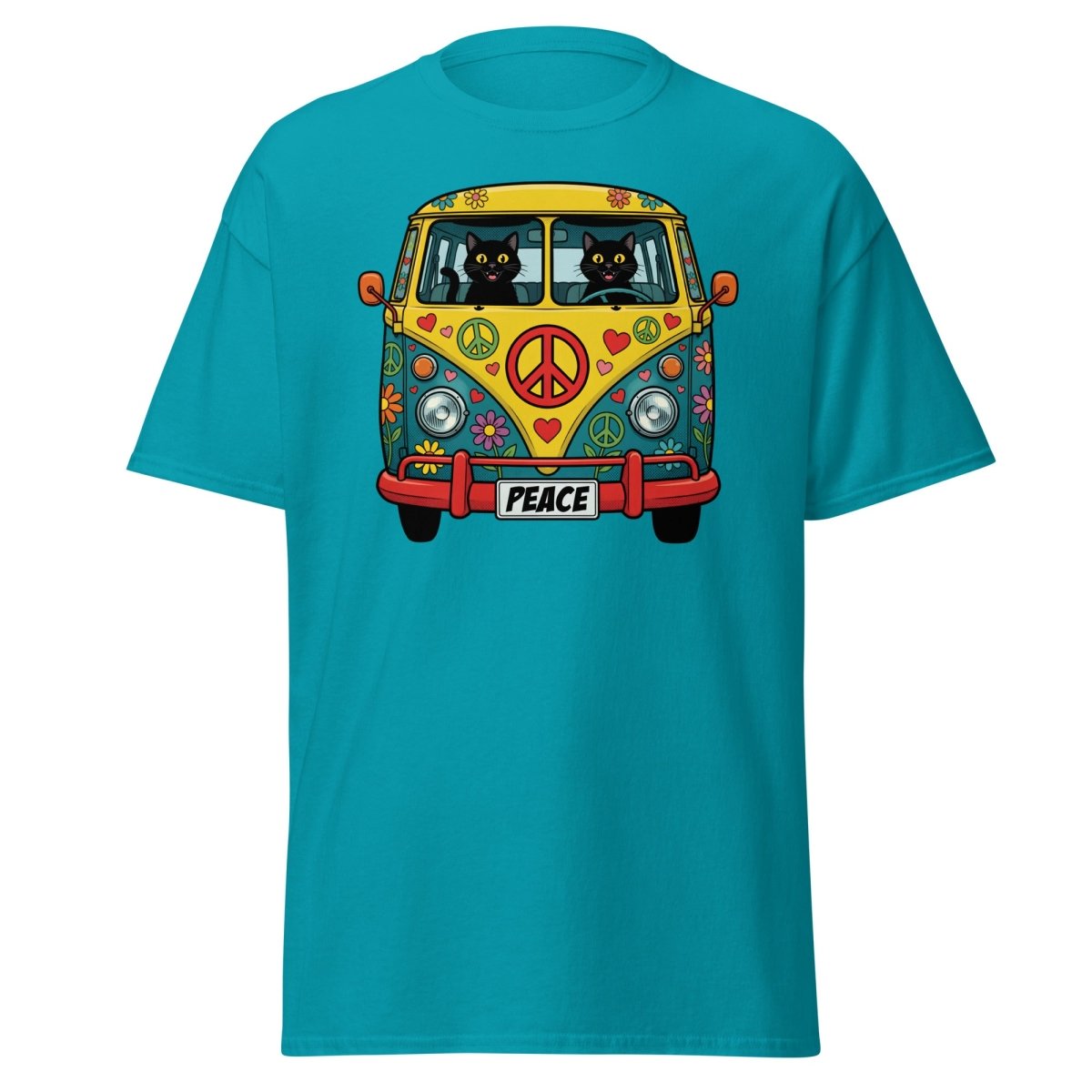 Groovy Hippie Cat Van T-Shirt – Peace Cats Tee - Tropical Blue - TeeRipple