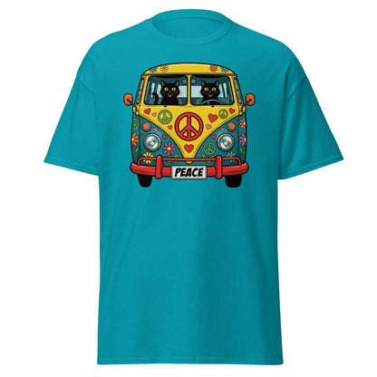 Groovy Hippie Cat Van T-Shirt – Peace Cats Tee - Tropical Blue - TeeRipple