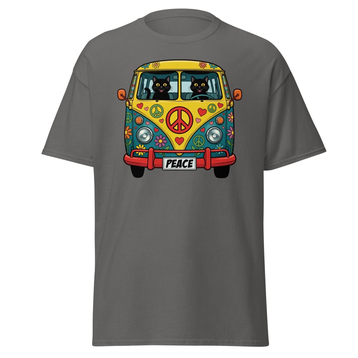 Groovy Hippie Cat Van T-Shirt – Peace Cats Tee - Charcoal - TeeRipple