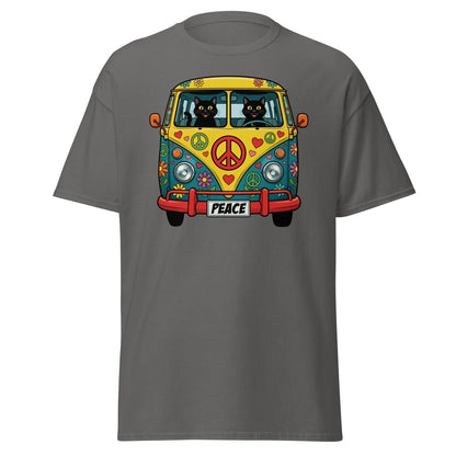 Groovy Hippie Cat Van T-Shirt – Peace Cats Tee - Charcoal - TeeRipple