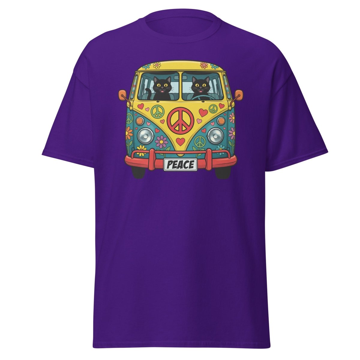 Groovy Hippie Cat Van T-Shirt – Peace Cats Tee - Purple - TeeRipple