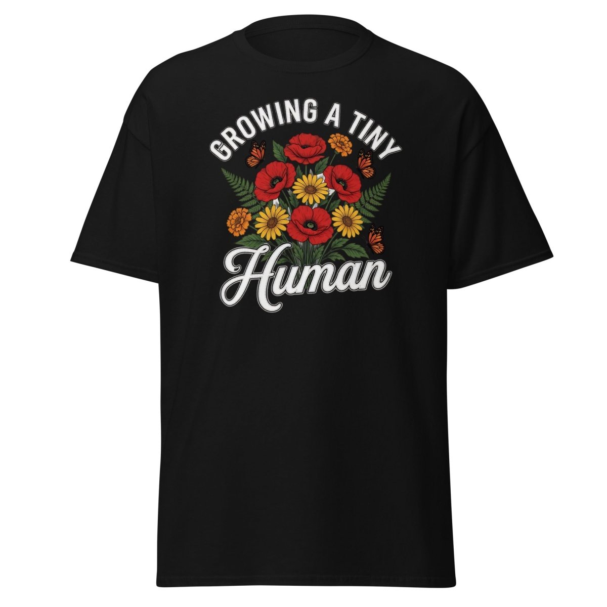 Growing A Tiny Human Floral Pregnancy T-Shirt - Black - TeeRipple