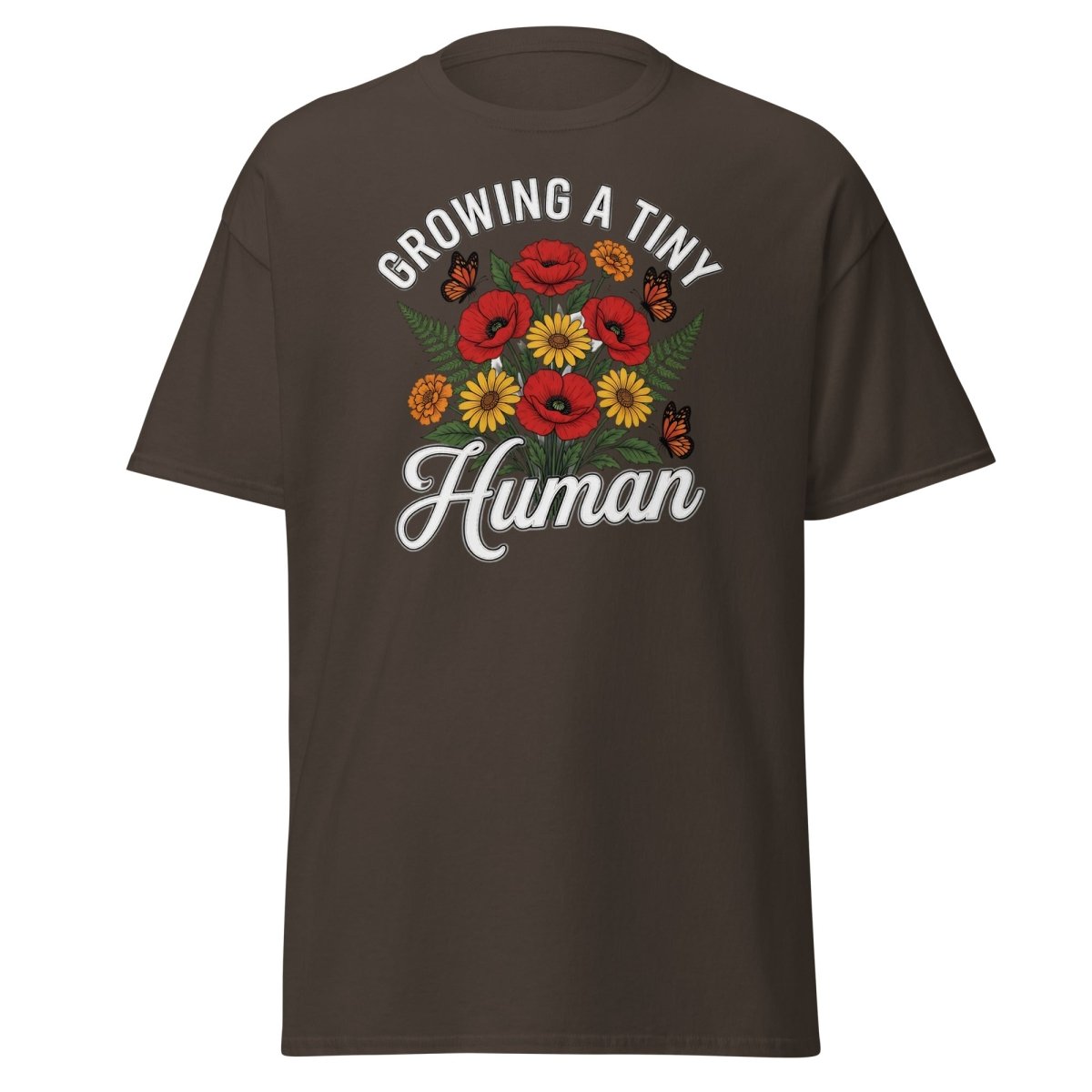 Growing A Tiny Human Floral Pregnancy T-Shirt - Dark Chocolate - TeeRipple