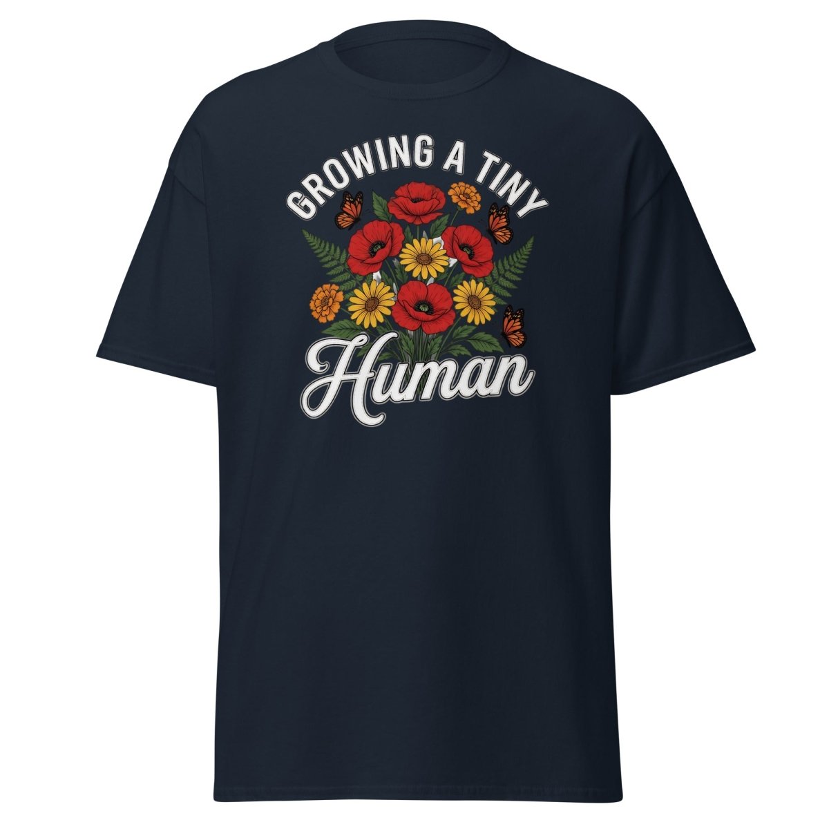 Growing A Tiny Human Floral Pregnancy T-Shirt - Navy - TeeRipple