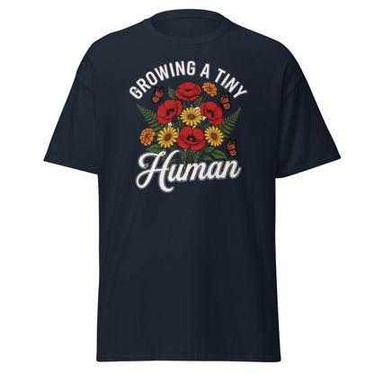 Growing A Tiny Human Floral Pregnancy T-Shirt - Navy - TeeRipple