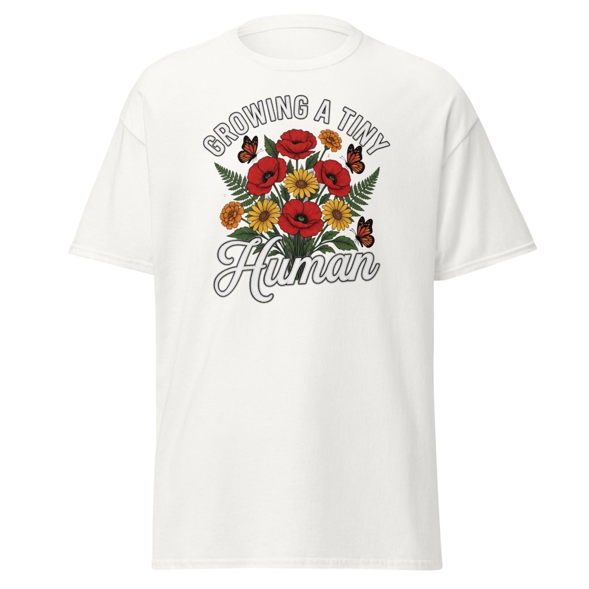 Growing A Tiny Human Floral Pregnancy T-Shirt - White - TeeRipple