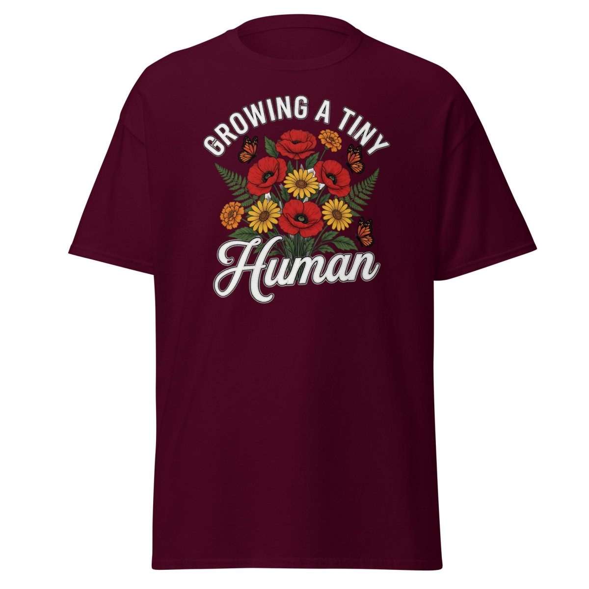 Growing A Tiny Human Floral Pregnancy T-Shirt - Maroon - TeeRipple