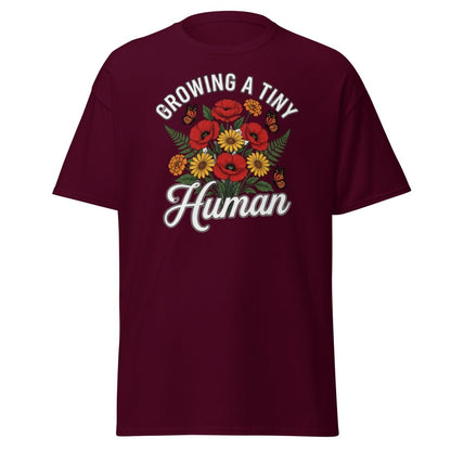 Growing A Tiny Human Floral Pregnancy T-Shirt - Maroon - TeeRipple