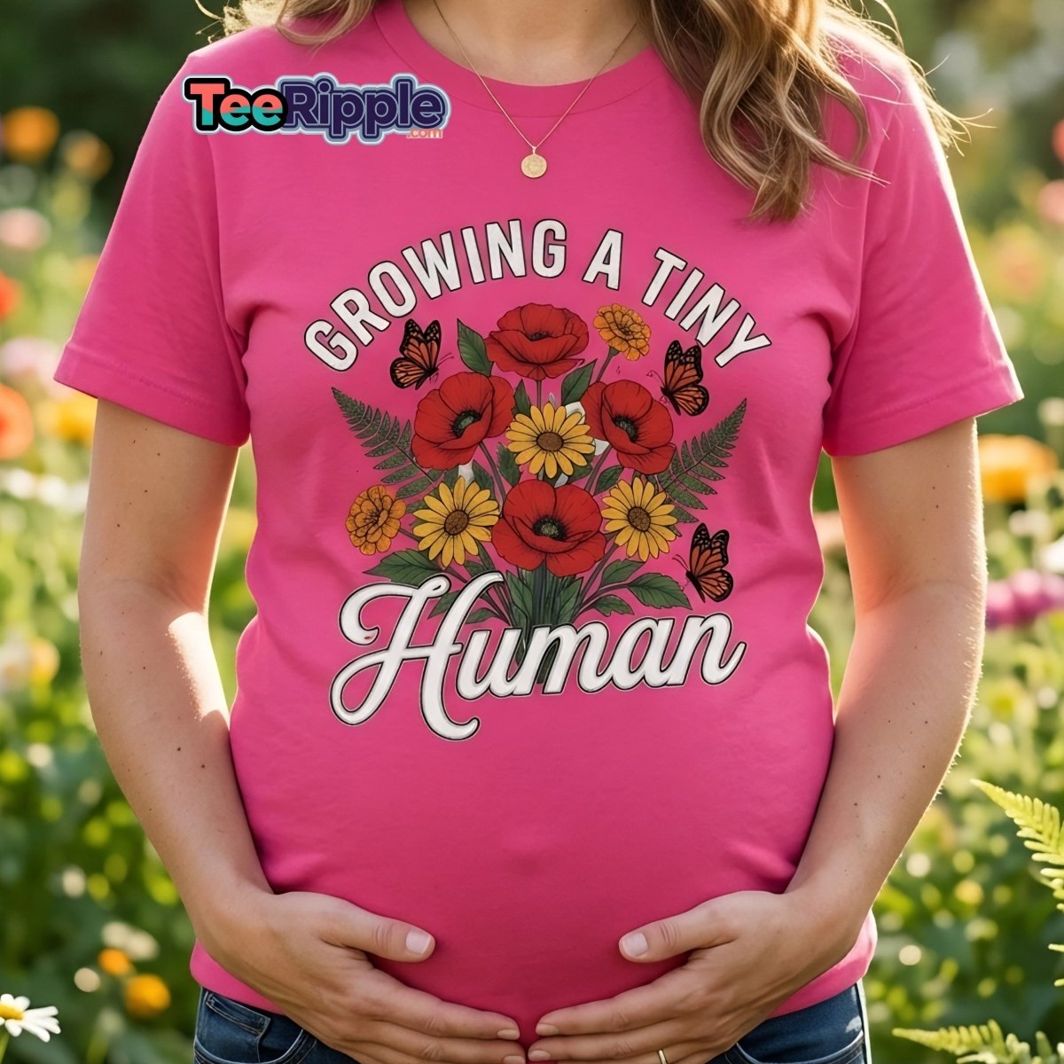Growing A Tiny Human Floral Pregnancy T-Shirt - Maroon - TeeRipple