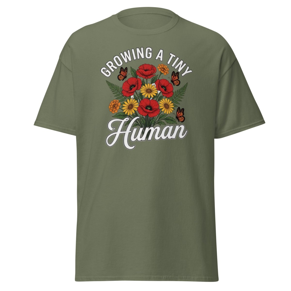 Growing A Tiny Human Floral Pregnancy T-Shirt - Military Green - TeeRipple