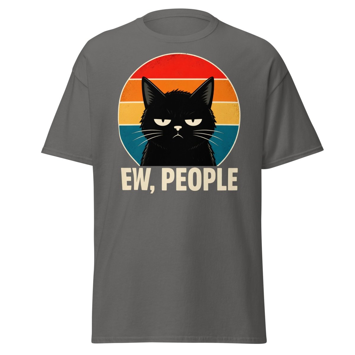 Grumpy Cat "EW, PEOPLE" Retro Sunset T-Shirt – Funny Sarcastic Tee - Charcoal - TeeRipple