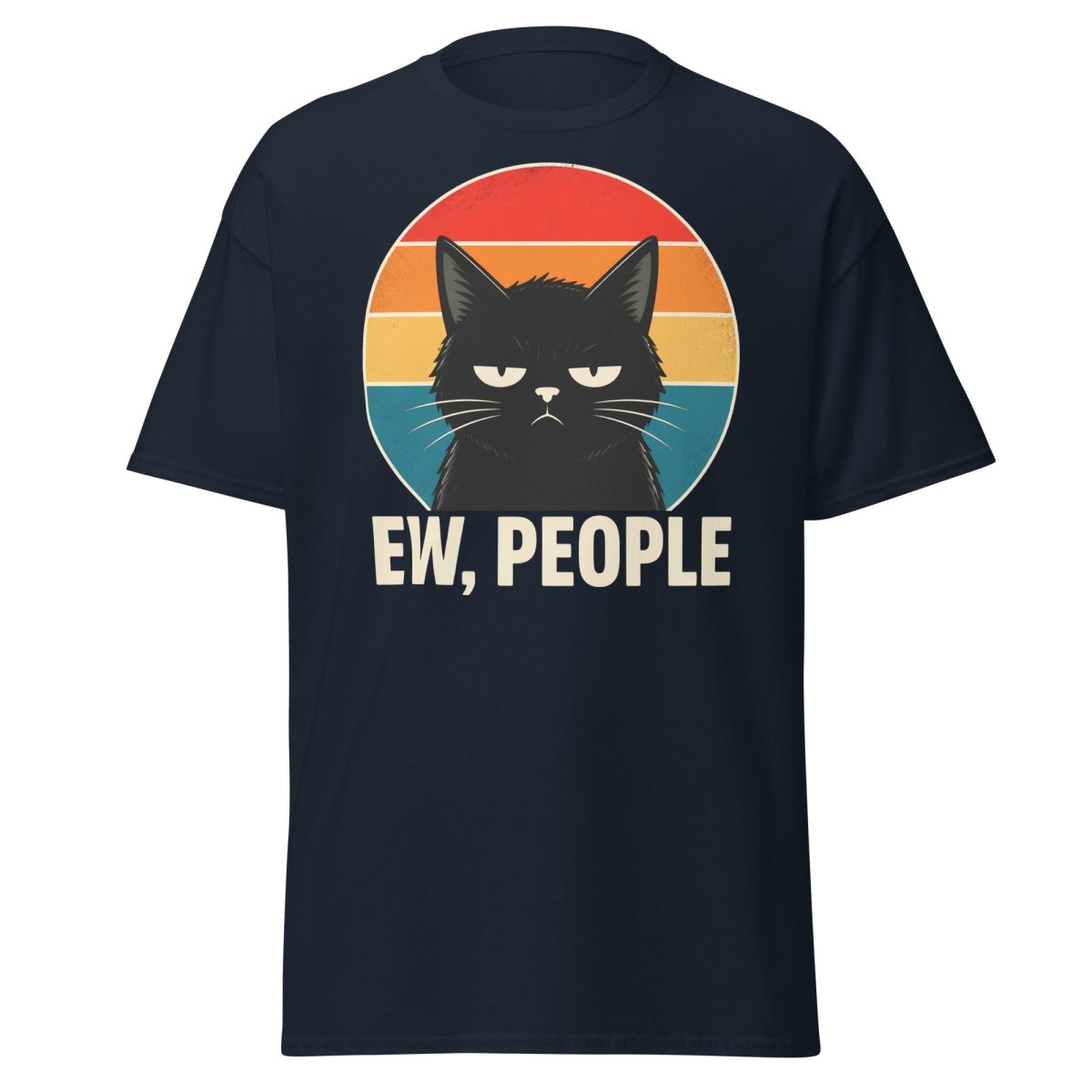 Grumpy Cat "EW, PEOPLE" Retro Sunset T-Shirt – Funny Sarcastic Tee - Navy - TeeRipple
