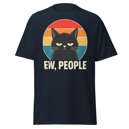 Grumpy Cat "EW, PEOPLE" Retro Sunset T-Shirt – Funny Sarcastic Tee - Navy - TeeRipple