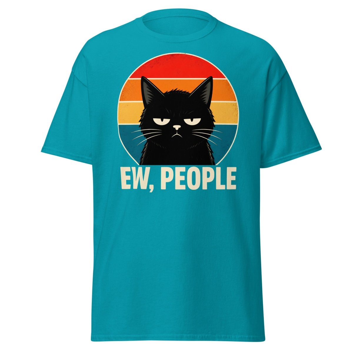 Grumpy Cat "EW, PEOPLE" Retro Sunset T-Shirt – Funny Sarcastic Tee - Tropical Blue - TeeRipple