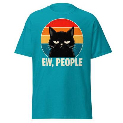 Grumpy Cat "EW, PEOPLE" Retro Sunset T-Shirt – Funny Sarcastic Tee - Tropical Blue - TeeRipple