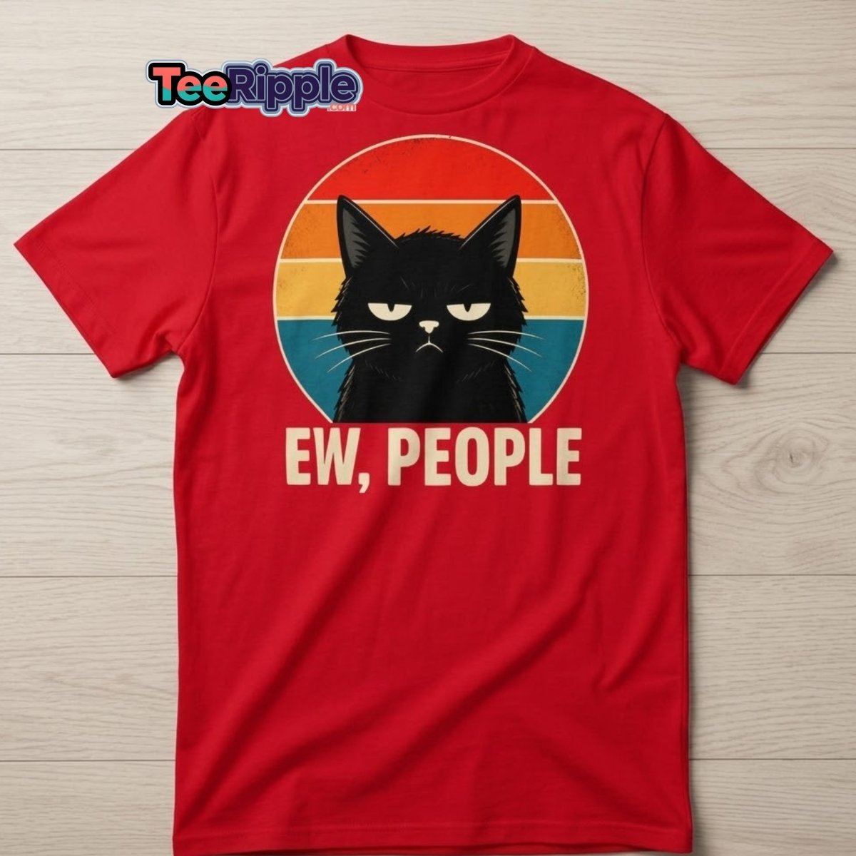 Grumpy Cat "EW, PEOPLE" Retro Sunset T-Shirt – Funny Sarcastic Tee - Maroon - TeeRipple