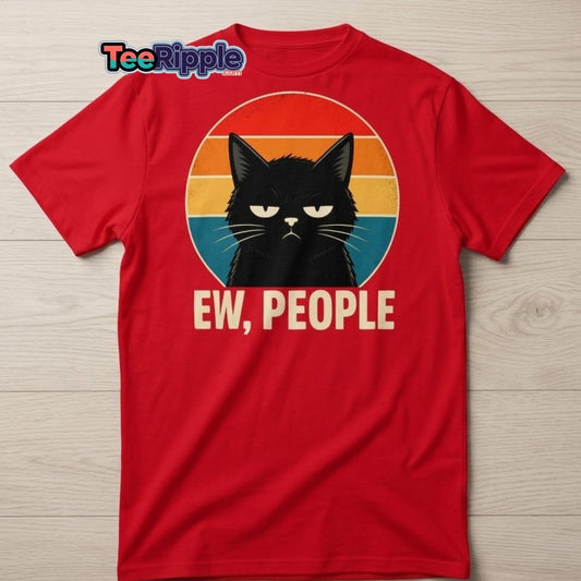 Grumpy Cat "EW, PEOPLE" Retro Sunset T-Shirt – Funny Sarcastic Tee - Maroon - TeeRipple