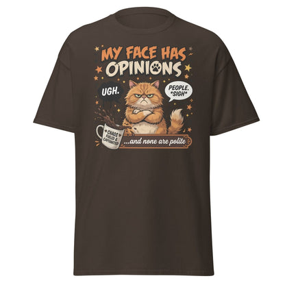 Grumpy Cat T-Shirt "My Face Has Opinions" Funny Sarcastic Tee - Dark Chocolate - TeeRipple