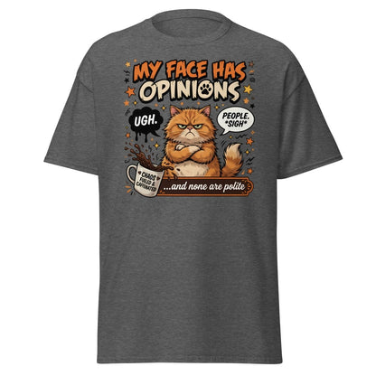 Grumpy Cat T-Shirt "My Face Has Opinions" Funny Sarcastic Tee - Dark Heather - TeeRipple
