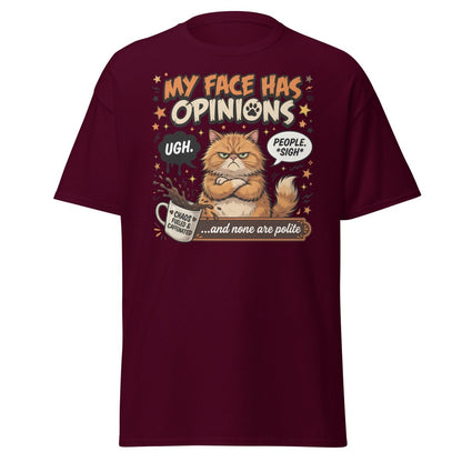 Grumpy Cat T-Shirt "My Face Has Opinions" Funny Sarcastic Tee - Maroon - TeeRipple