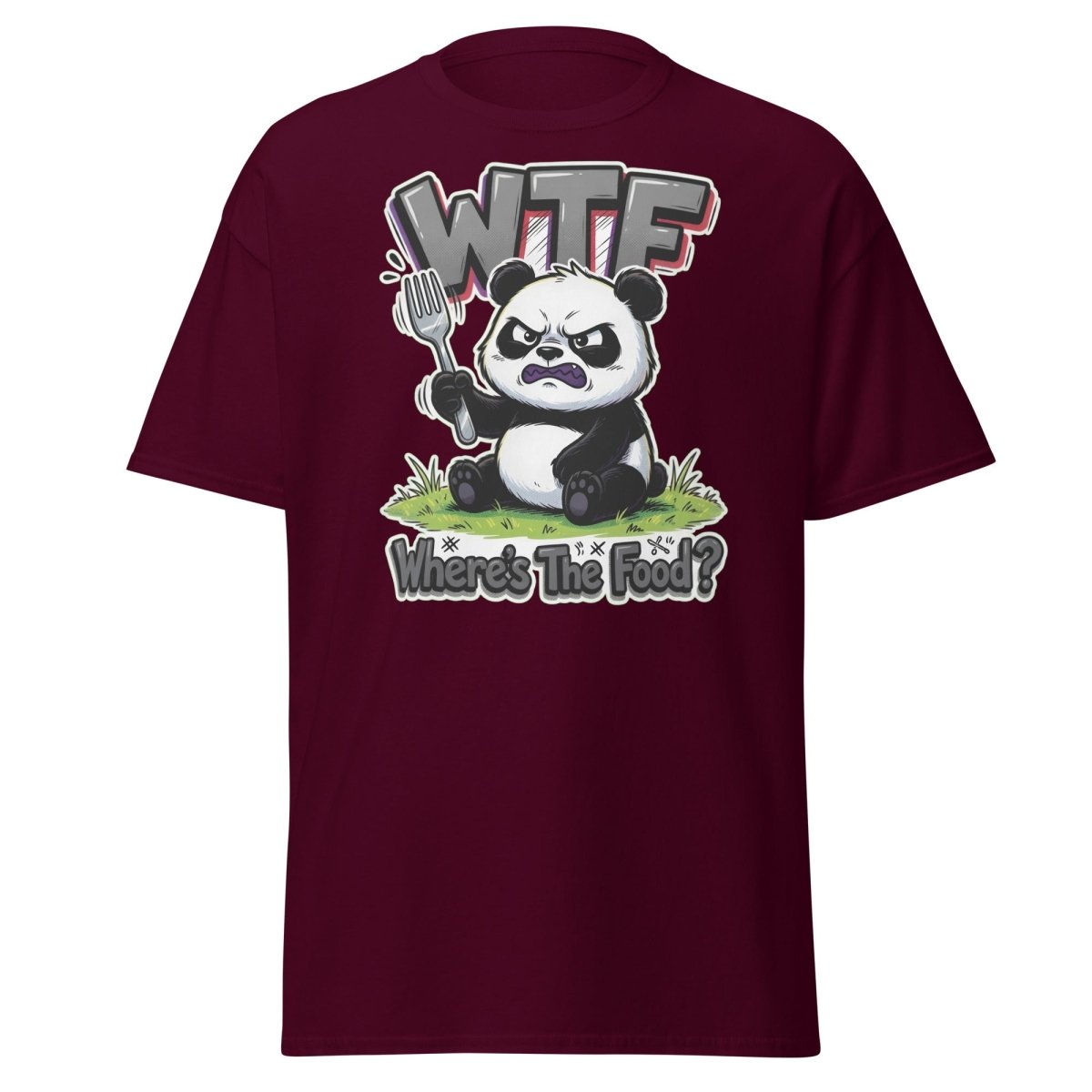 Grumpy Panda WTF Where's The Food? Funny T-Shirt - Maroon - TeeRipple