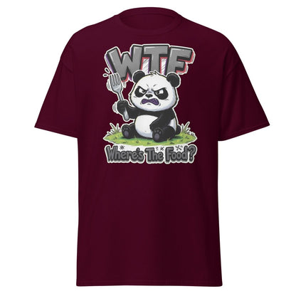 Grumpy Panda WTF Where's The Food? Funny T-Shirt - Maroon - TeeRipple