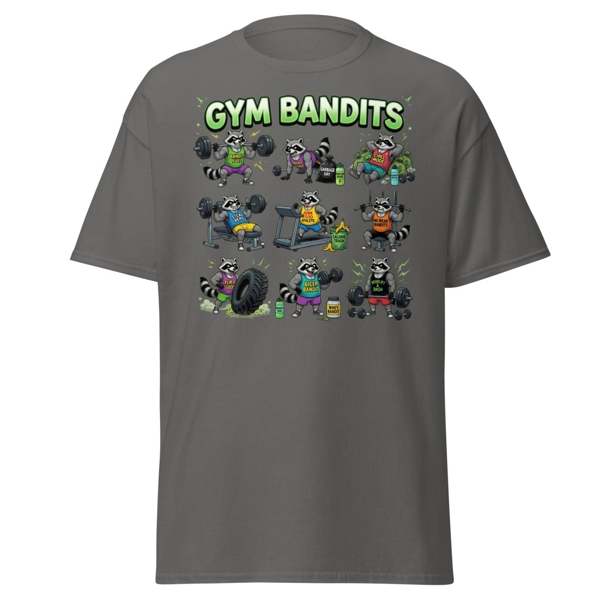 Gym Bandits Raccoon Workout T-Shirt – Funny Gym Trash Panda Tee - Charcoal - TeeRipple