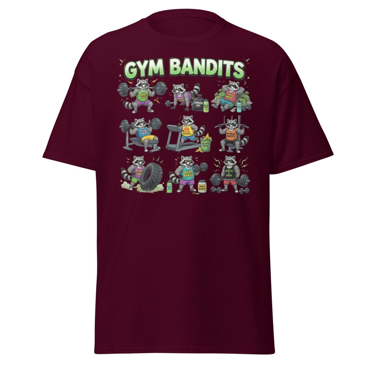 Gym Bandits Raccoon Workout T-Shirt – Funny Gym Trash Panda Tee - Maroon - TeeRipple