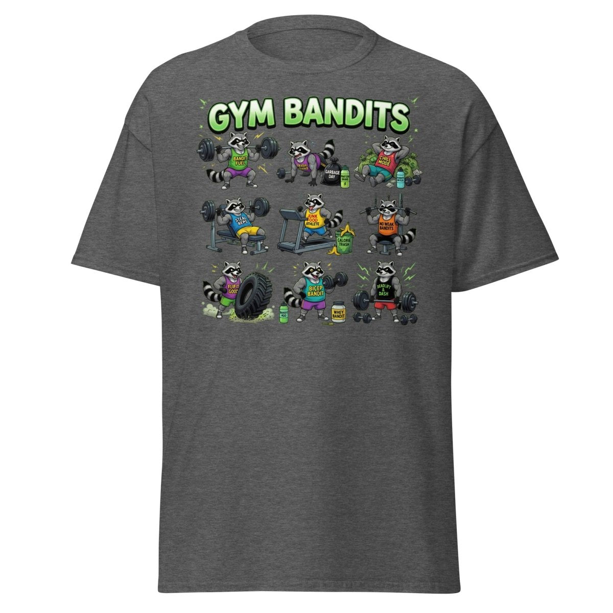 Gym Bandits Raccoon Workout T-Shirt – Funny Gym Trash Panda Tee - Dark Heather - TeeRipple