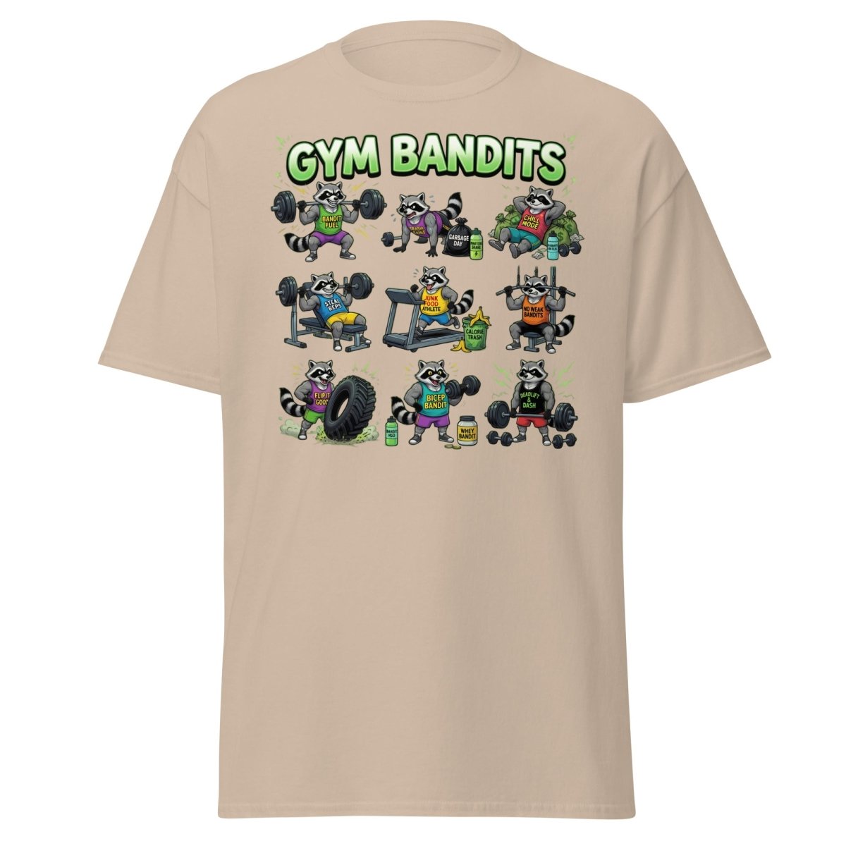 Gym Bandits Raccoon Workout T-Shirt – Funny Gym Trash Panda Tee - Sand - TeeRipple