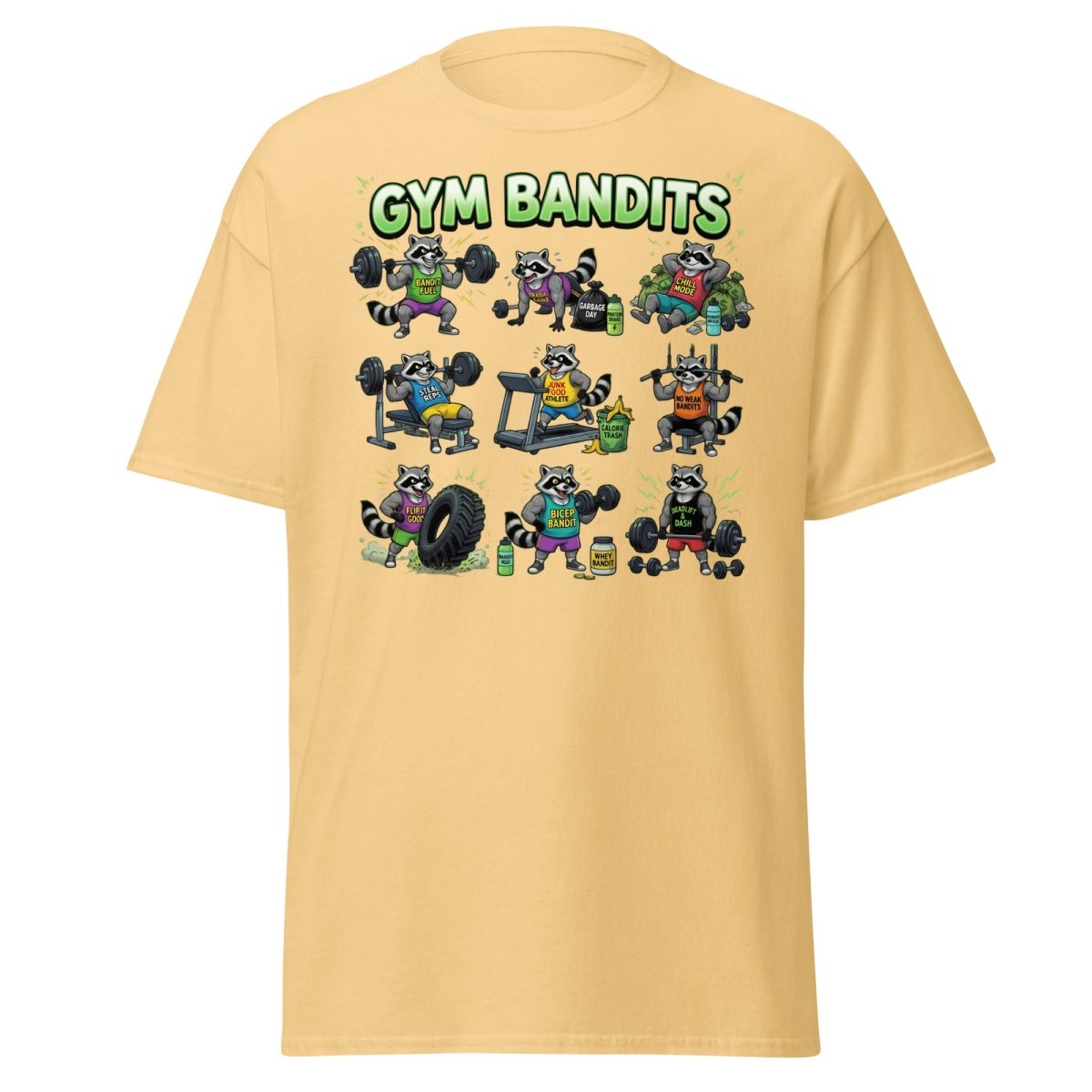 Gym Bandits Raccoon Workout T-Shirt – Funny Gym Trash Panda Tee - Yellow Haze - TeeRipple