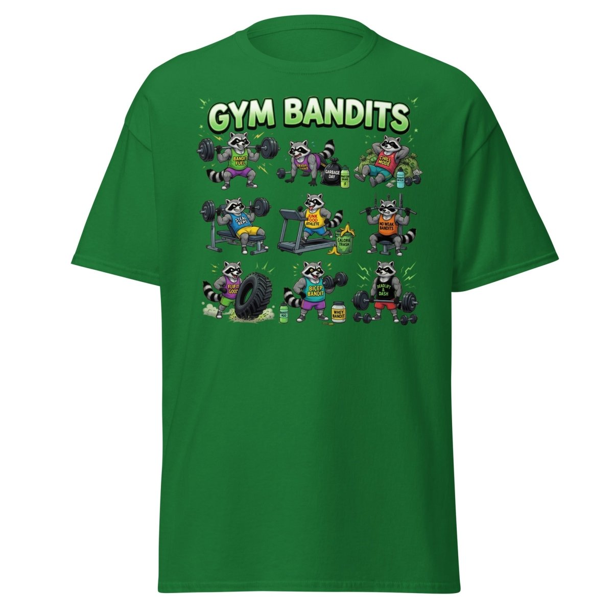 Gym Bandits Raccoon Workout T-Shirt – Funny Gym Trash Panda Tee - Turf Green - TeeRipple