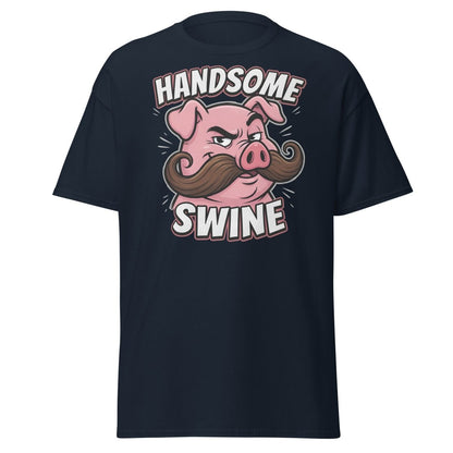 Handsome Swine Funny Pig Mustache T-Shirt - Navy - TeeRipple